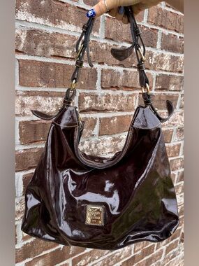 Dooney And Bourke Patent Leather Hobo Shoulder Tote Bag Purse Black